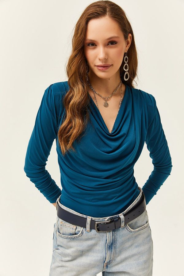 Olalook Olalook Women's Petrol Blue Padded Pleated Collar Blouse