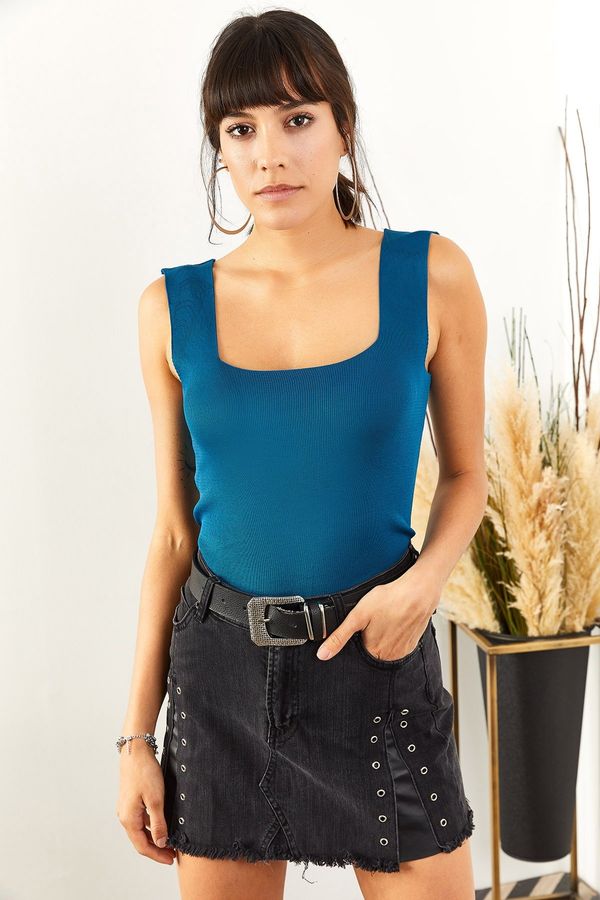 Olalook Olalook Women's Petrol Blue Thick Strap Summer Knitwear Blouse