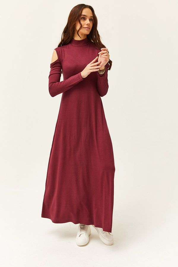 Olalook Olalook Women's Plum Shoulder Decollete Lycra Midi Flared Dress