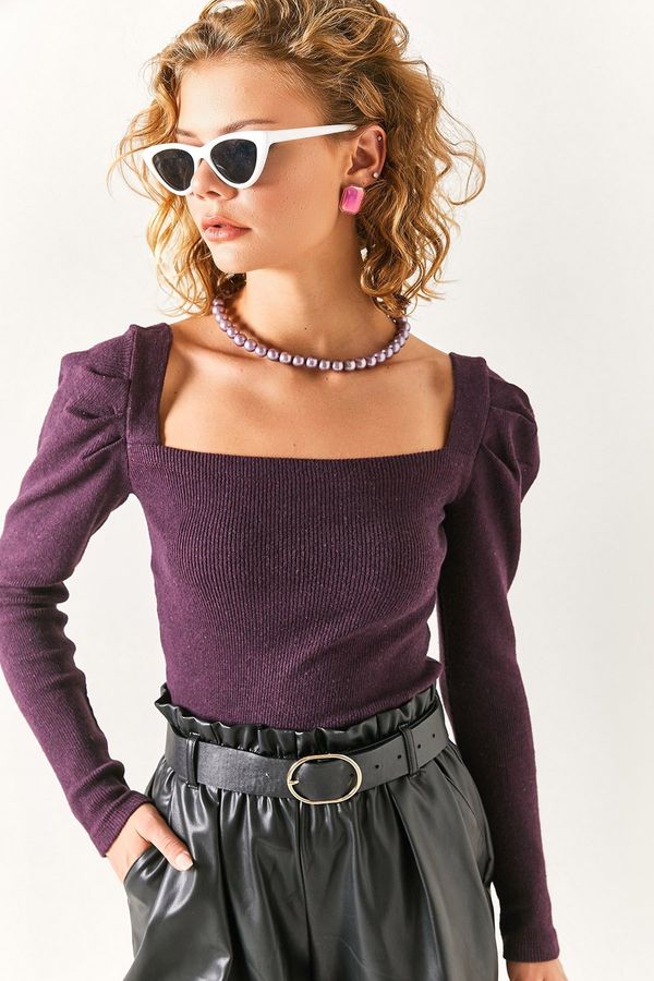 Olalook Olalook Women's Plum Square Collar Sleeve Pleated Rose Gold Blouse