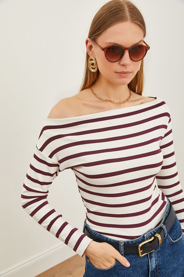 Olalook Olalook Women's Plum Striped Premium Soft Touch Boat Neck Stretchy Blouse