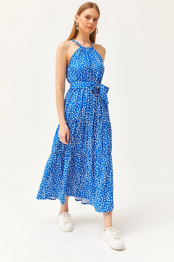 Olalook Olalook Women's Polka Dot Sax Blue Halter Neck Belted Woven Viscon Dress