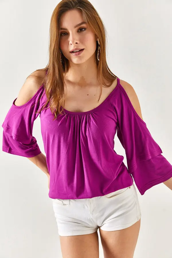 Olalook Olalook Women's Purple Ruffled Sleeves, Decollete Flowy Blouse