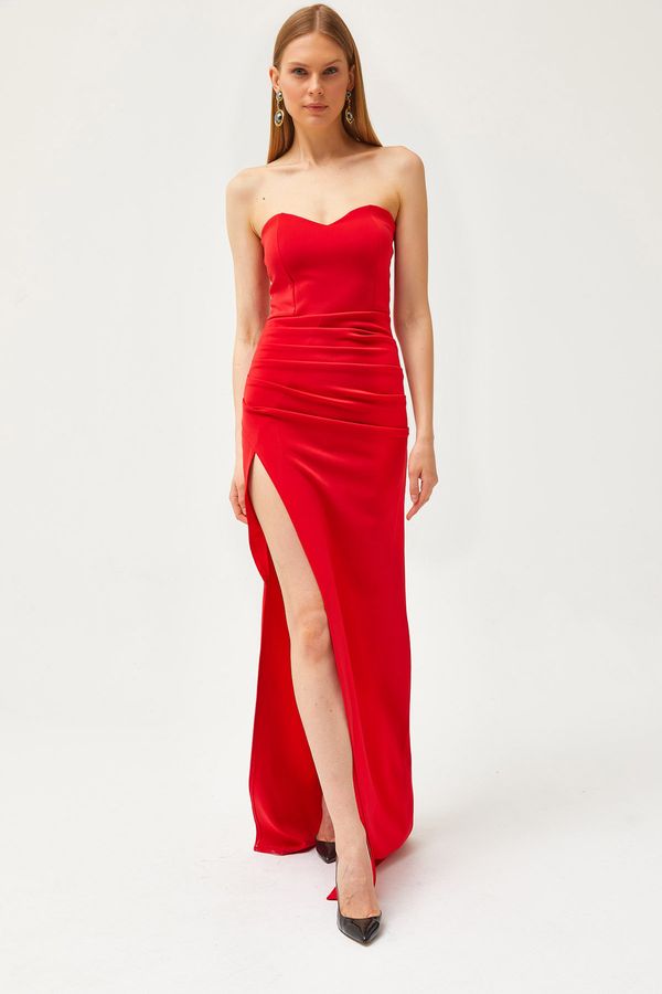 Olalook Olalook Women's Red Deep Slit Strapless Long Dress