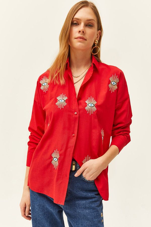 Olalook Olalook Women's Red Sequin Detailed Woven Boyfriend Shirt