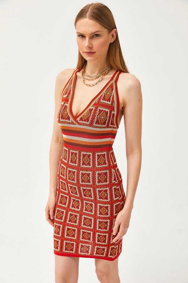 Olalook Olalook Women's Red Strappy Patch Patterned Back Cross Mini Knitwear Dress