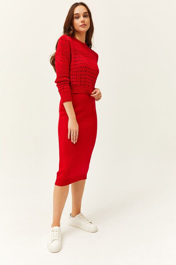 Olalook Olalook Women's Red Thin Strap Knitwear Dress Openwork Sweater Suit