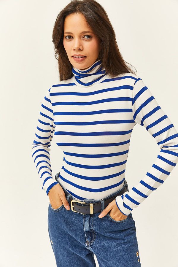 Olalook Olalook Women's Saks Blue Striped Turtleneck Premium Soft Touch Flexible Blouse