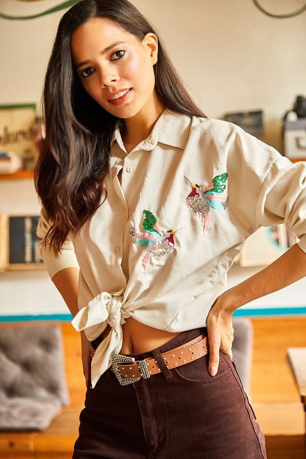 Olalook Olalook Women's Stone Bird Sequin Detailed Woven Boyfriend Shirt