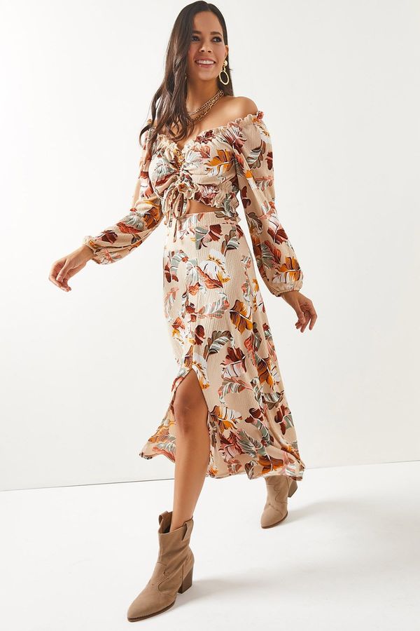 Olalook Olalook Women's Stone Top Blouse and Bottom Slit Skirt Set