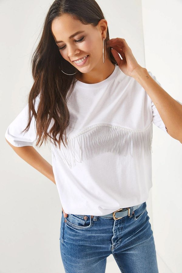 Olalook Olalook Women's White Oversized T-Shirt with Chain Garnish