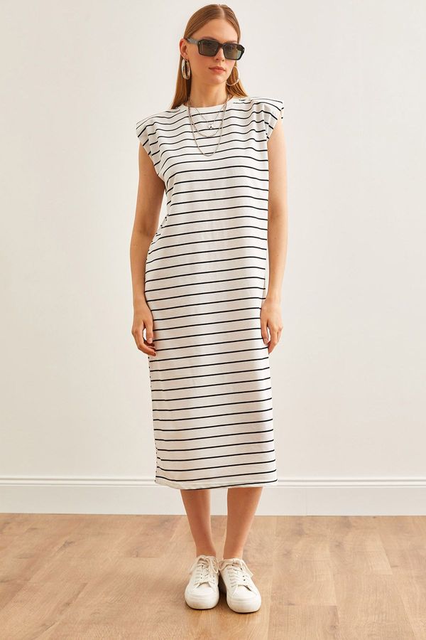 Olalook Olalook Women's White Padded Striped Midi Dress