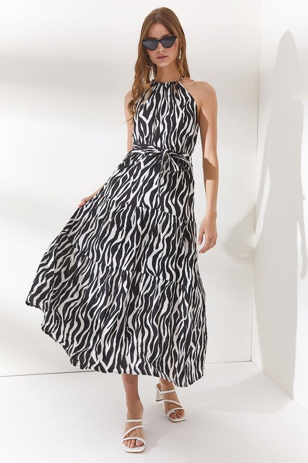 Olalook Olalook Women's Zebra Black Halter Collar Belted Woven Viscon Dress