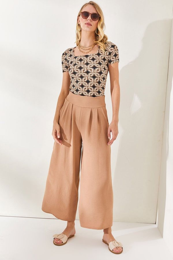 Olalook Olalook жените бежово плисе подробни течащи панталони с джобове с цип