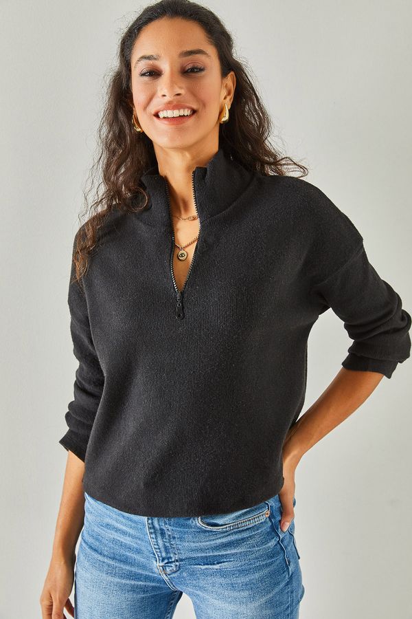 Olalook Olalook жените черен цип изправи яка раздробяване пуловер