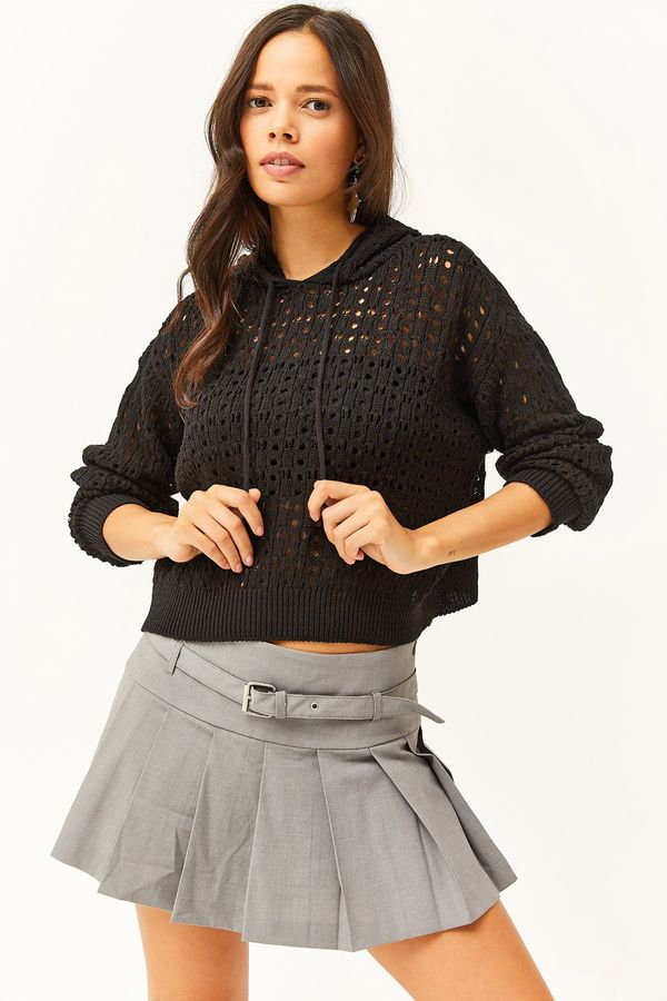 Olalook Olalook жените черна качулка ажурна памук трикотаж пуловер