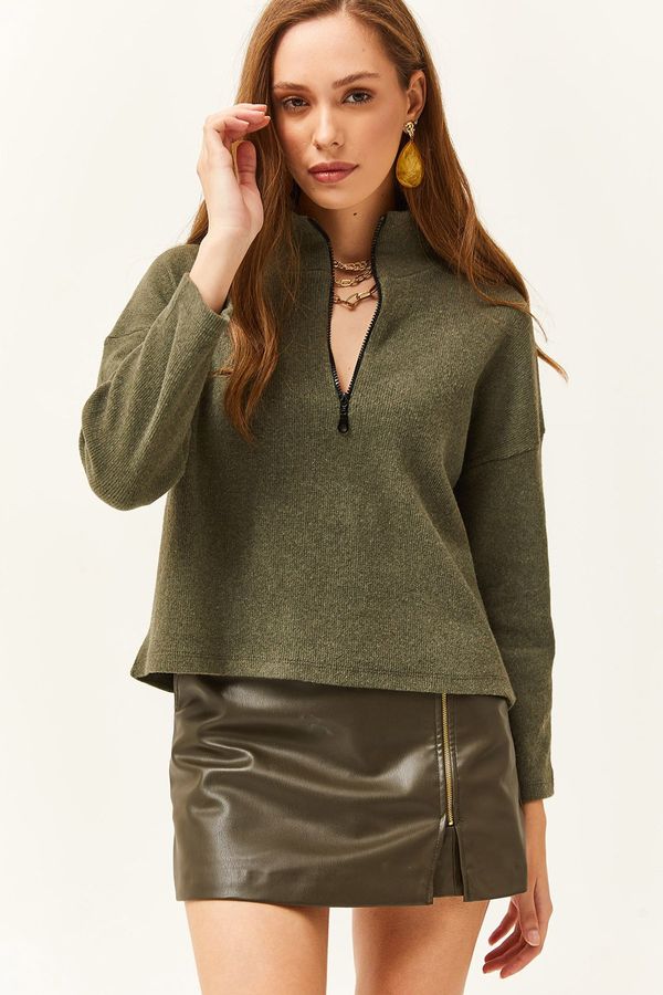 Olalook Olalook жените каки цип високо врата повдигнат пуловер