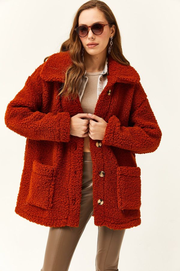 Olalook Olalook жените плочки закопчана джоб без подплата извънгабаритни плюшени яке