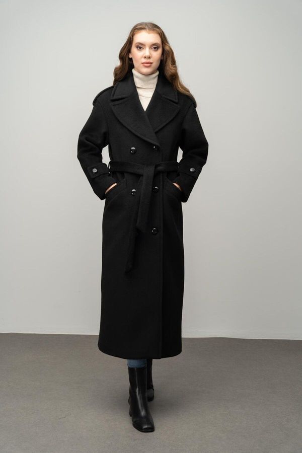 Olcay Olcay Low Sleeve Epaulette Detailed Double Breasted Oversize Coat BLACK 3062