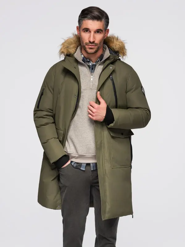 Ombre Ombre Alaskan men's winter jacket with detachable fur from the hood - dark olive green