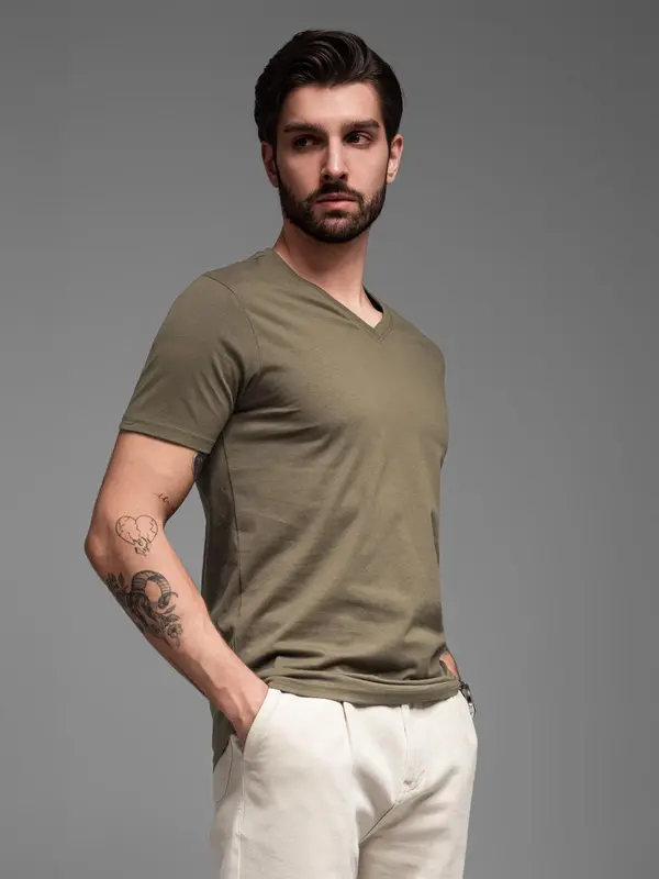 Ombre Ombre BASIC men's classic cotton T-shirt with a crew neckline - dark olive