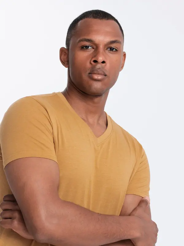 Ombre Ombre BASIC men's classic cotton T-shirt with a serape neckline - mustard melange