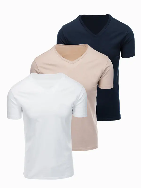 Ombre Ombre BASIC men's cotton V-neck T-shirt set - white/sand/navy