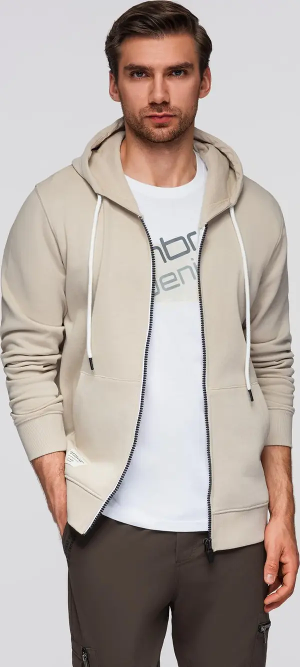 Ombre Ombre BASIC men's unbuttoned hooded sweatshirt - light beige
