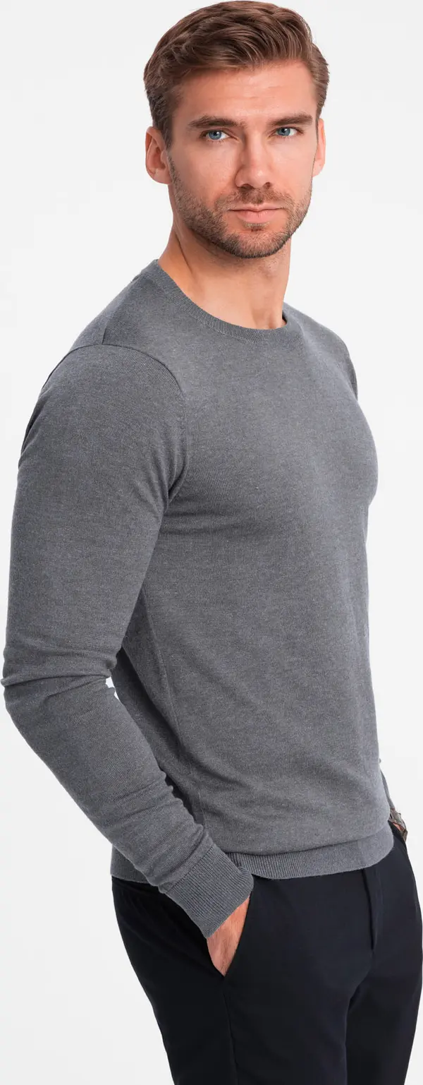 Ombre Ombre Classic BASIC men's viscose sweater with round neckline - grey melange