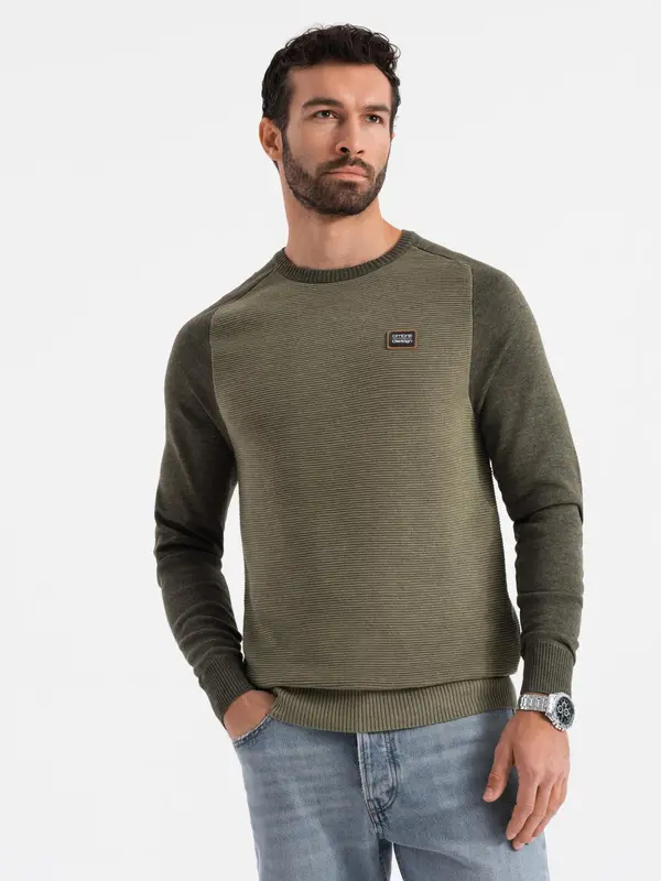 Ombre Ombre Cotton men's sweater with patch and raglan sleeves - olive