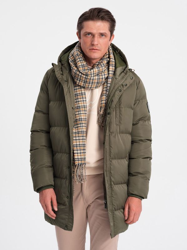Ombre Ombre Długa zimowa kurtka męska pikowana o satynowym wykończeniu - khaki