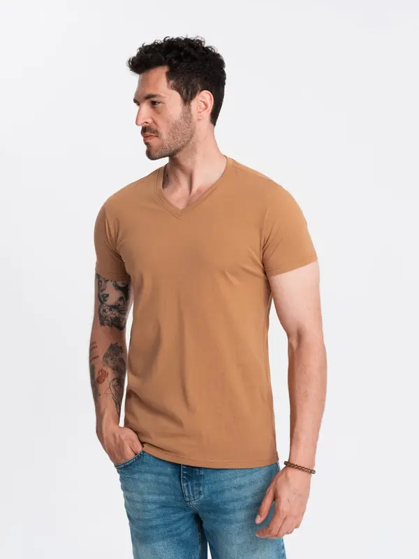Ombre Ombre Men's BASIC classic cotton T-shirt with a v-neck - brown