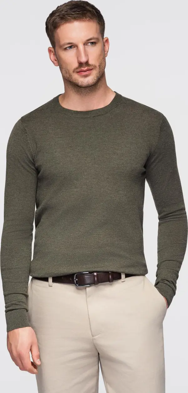 Ombre Ombre Men's BASIC viscose classic sweater with round neckline - olive melange