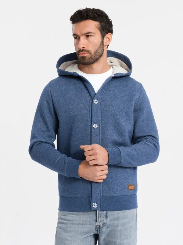 Ombre Ombre Men's button-down hooded sweatshirt - navy blue melange
