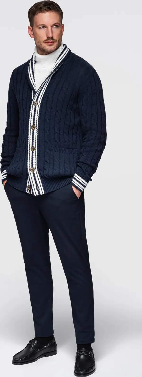 Ombre Ombre Men's cardigan sweater with shawl collar in preppy style - navy blue