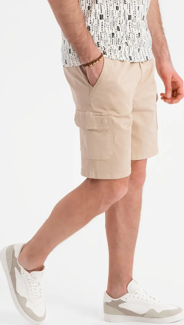 Ombre Ombre Men's cotton cargo shorts with elastic waistband - beige