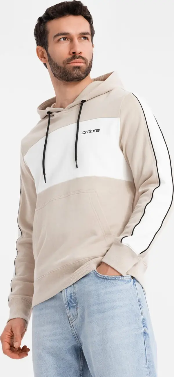 Ombre Ombre Men's cotton hoodie with contrasting elements - beige