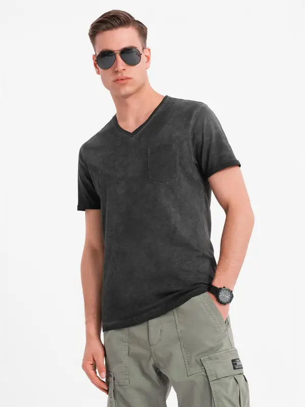 Ombre Ombre Men's cotton knit V-neck t-shirt with wash effect - black