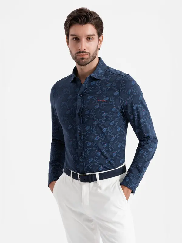Ombre Ombre Men's cotton shirt with floral motif - navy blue