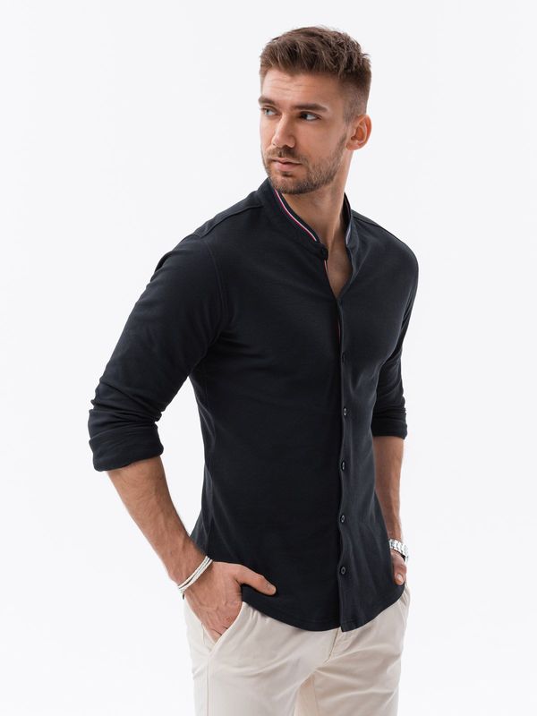 Ombre Ombre Men's cotton SLIM FIT shirt with stand-up collared collared stripes - black