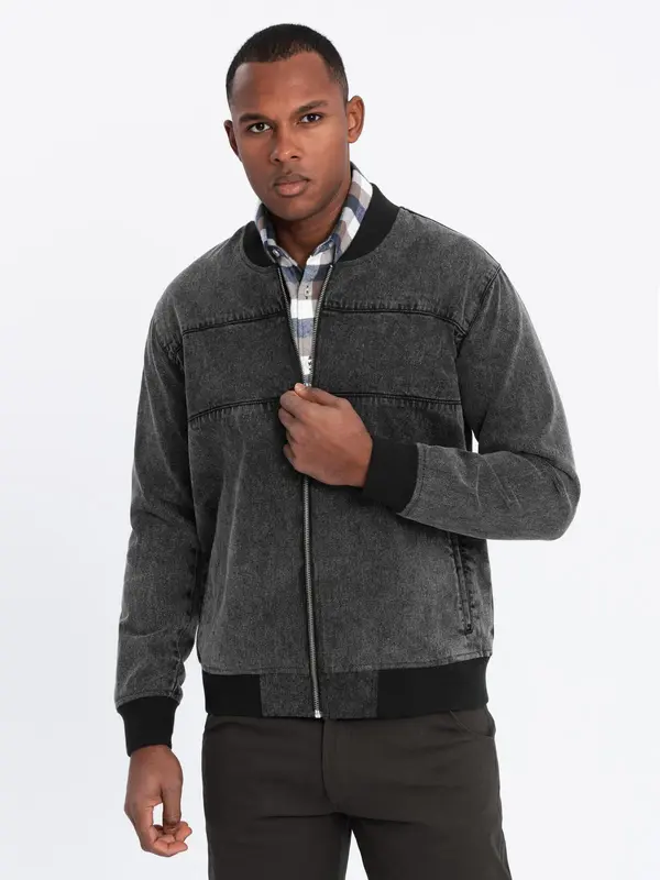 Ombre Ombre Men's denim bomber jacket with stone wash effect - black