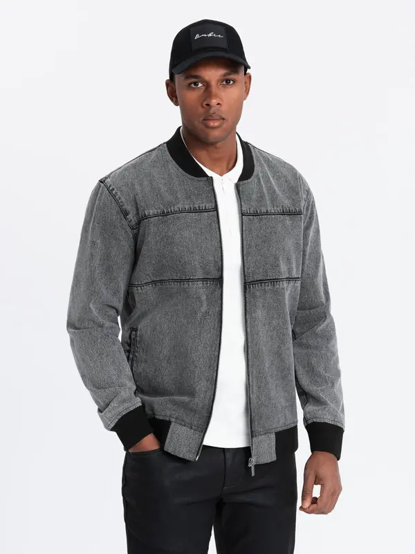 Ombre Ombre Men's denim bomber jacket with stone wash effect - grey