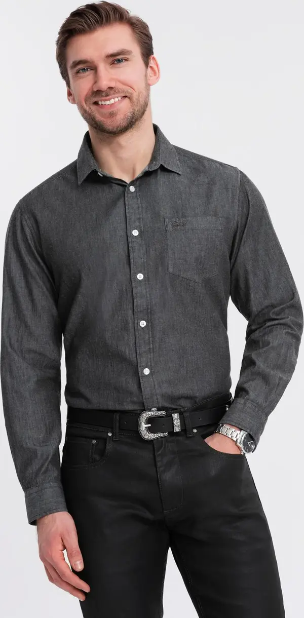 Ombre Ombre Men's denim shirt with embroidered pocket - black
