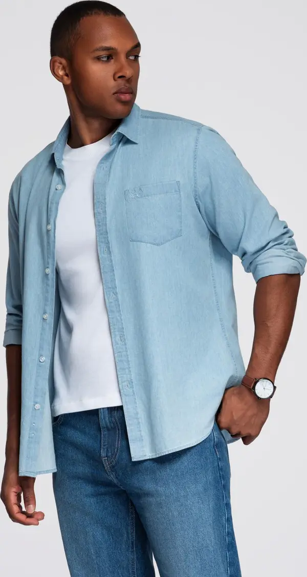 Ombre Ombre Men's denim shirt with embroidered pocket - light blue