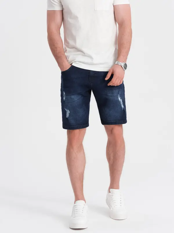 Ombre Ombre Men's denim short shorts with holes - dark blue