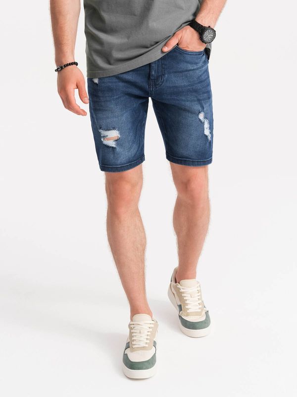 Ombre Ombre Men's denim short shorts with holes - dark blue