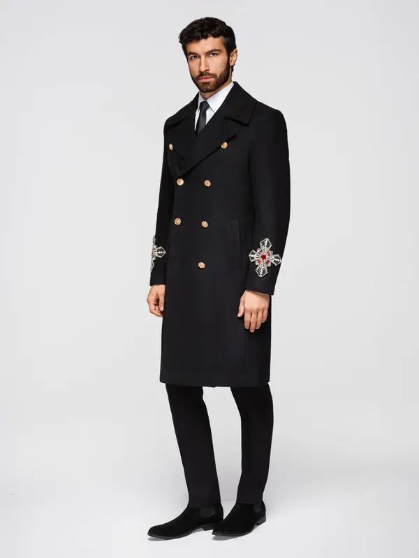 Ombre Ombre Men's double-breasted coat with wool and bead appliqués on sleeves - black