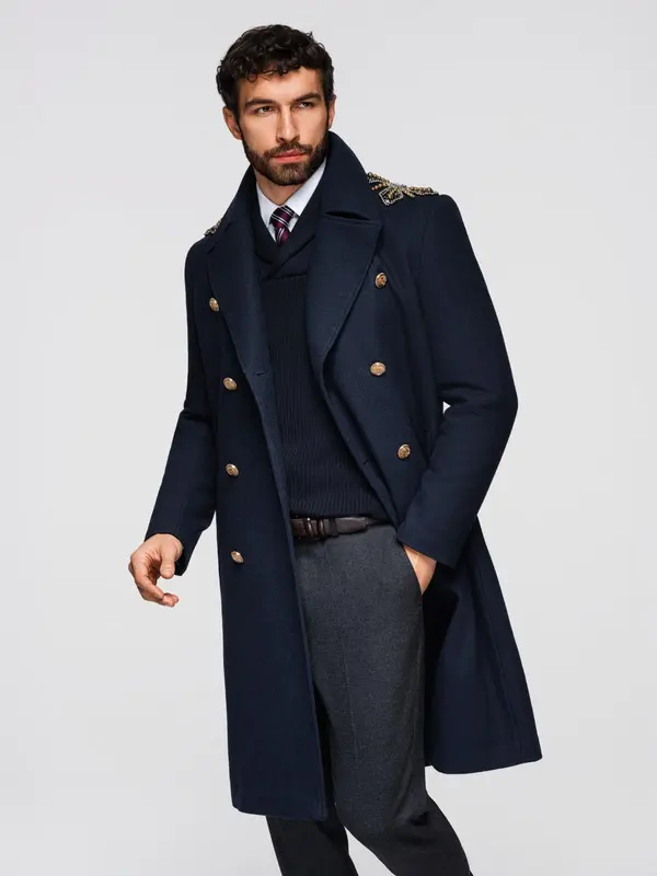 Ombre Ombre Men's double-breasted coat with wool and decorative shoulder applications -