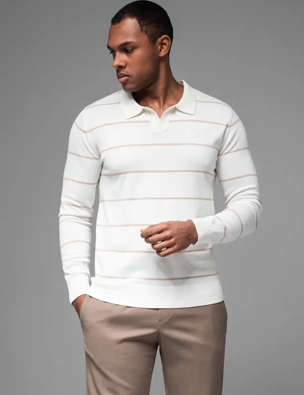 Ombre Ombre Men's horizontal striped polo longsleeve with viscose - white and beige