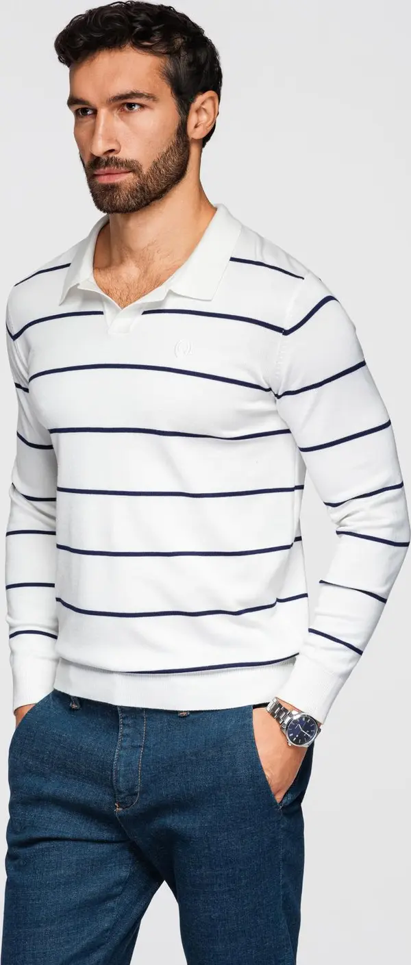 Ombre Ombre Men's horizontal striped polo longsleeve with viscose - white and navy blue